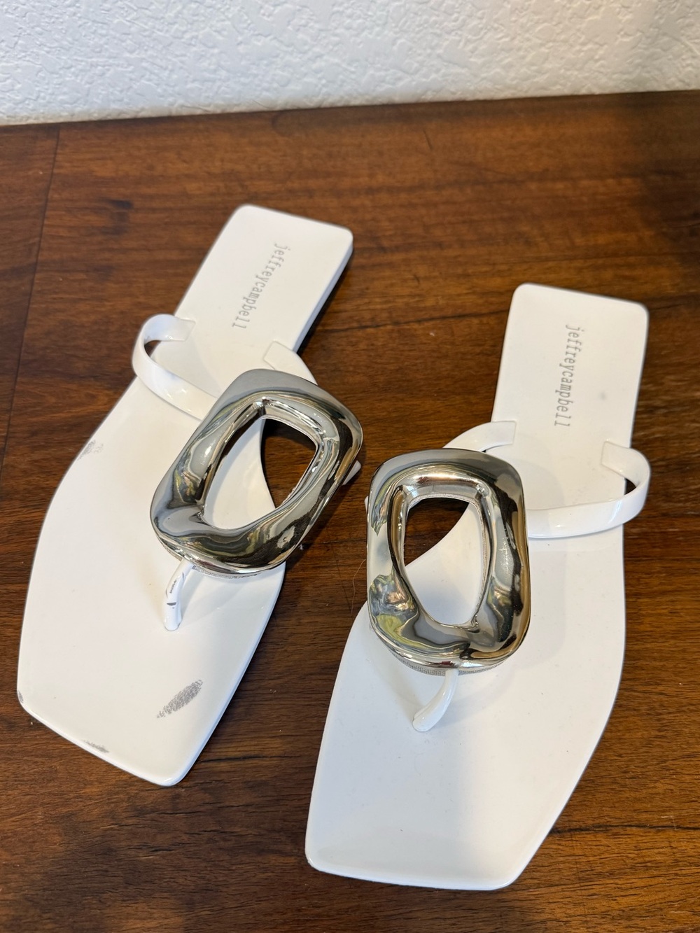 Jeffrey Campbell White Square-Toe Thong Sandals with Silver Accent
